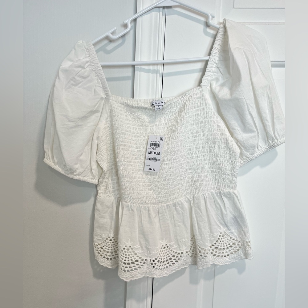 Macy's White Smocked Blouse with Lace Hem